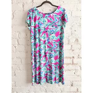 Cappagallo Pink Tropical Floral Dress Womens L Stretch Short Sleeve Knee Length